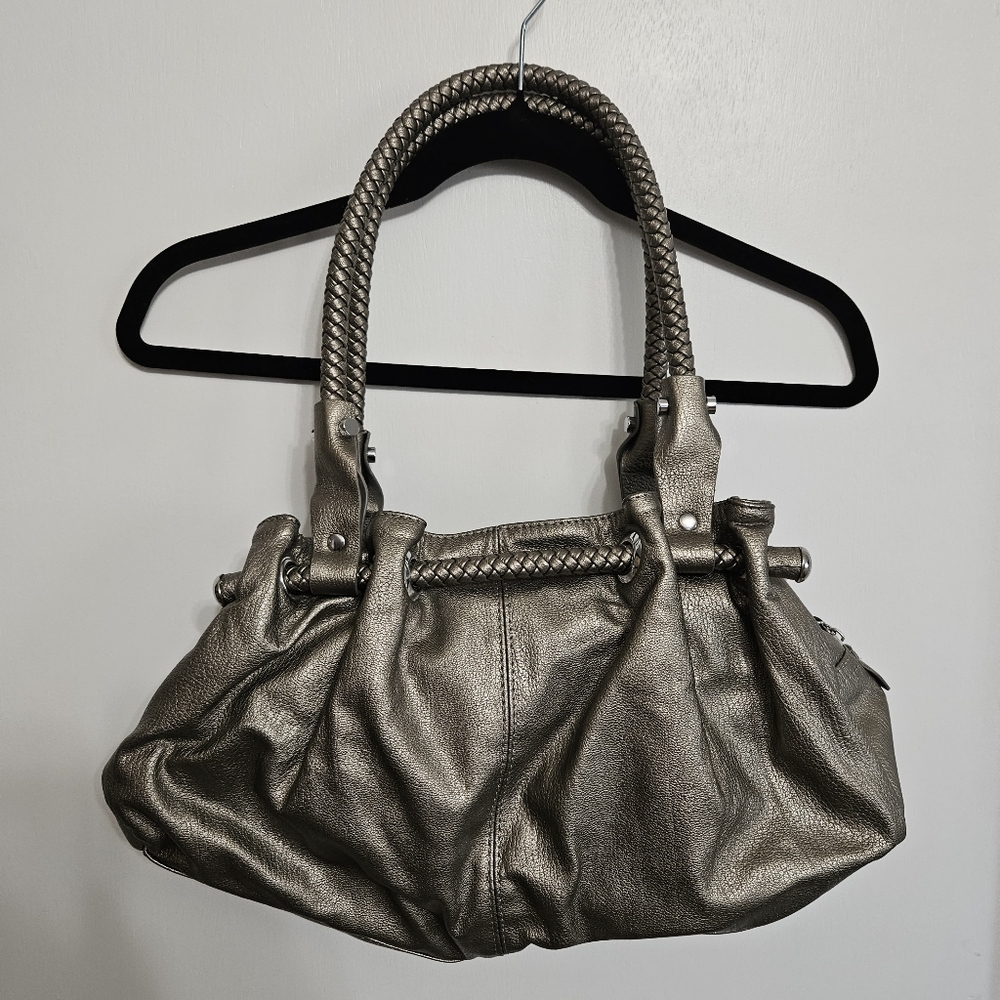 Silver Braided Handle Shoulder Bag Zip Top Double Magnetic Closure Purse